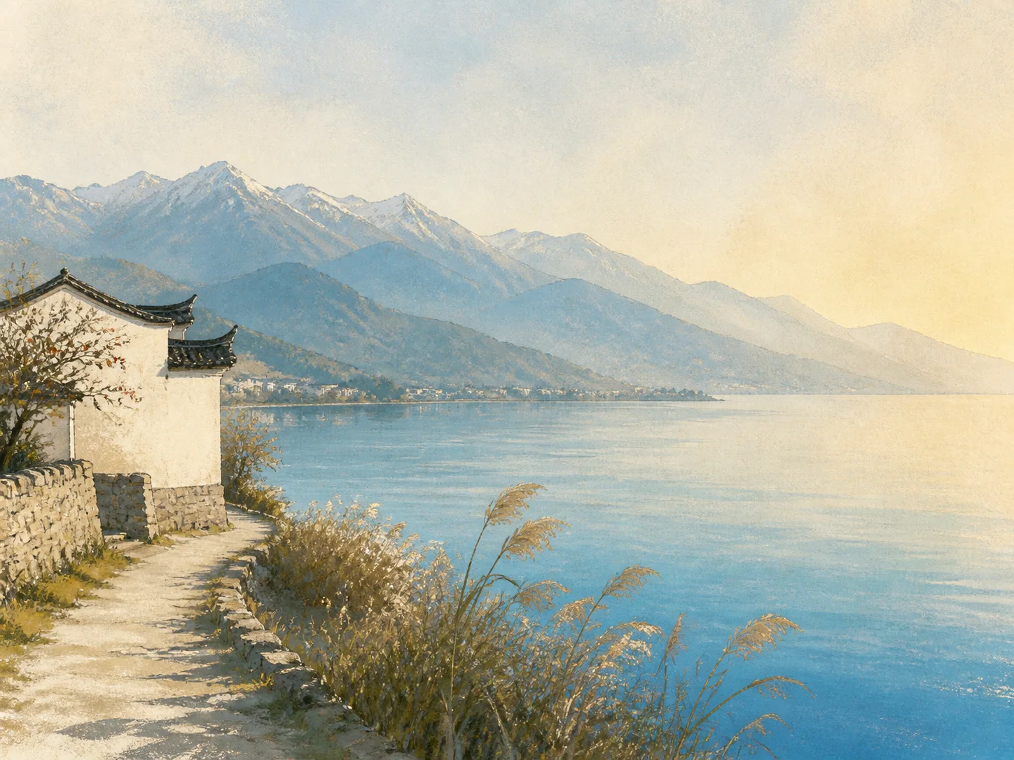 洱海西岸、白族民居与苍山的手绘晨景