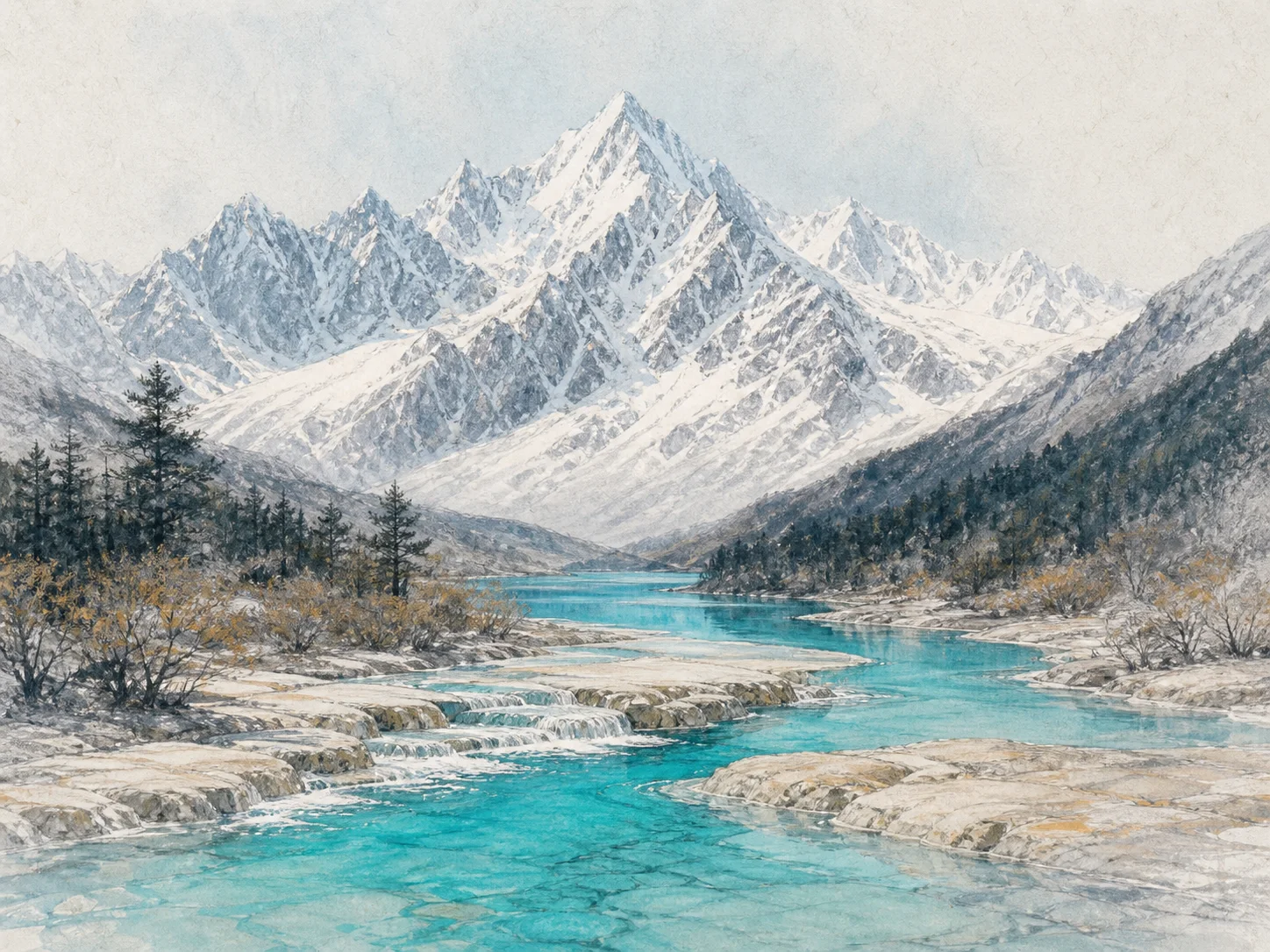 玉龙雪山与蓝月谷的手绘清晨